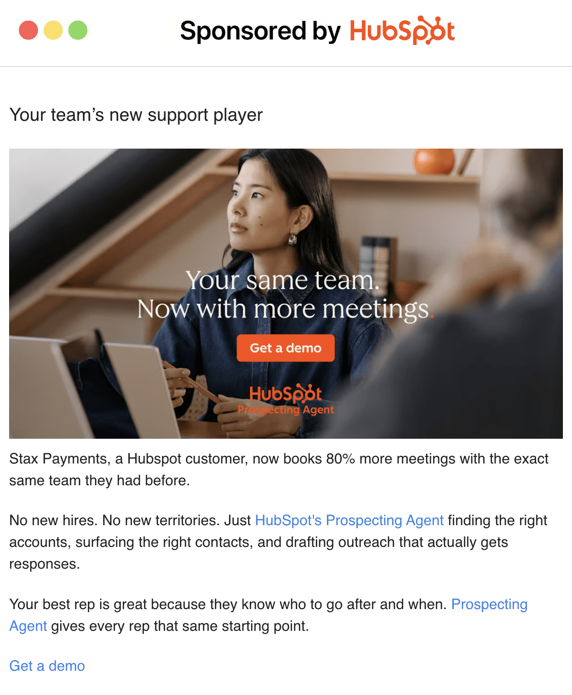 A sponsored section in Loop: a HubSpot placement with its image, copy and call-to-action button