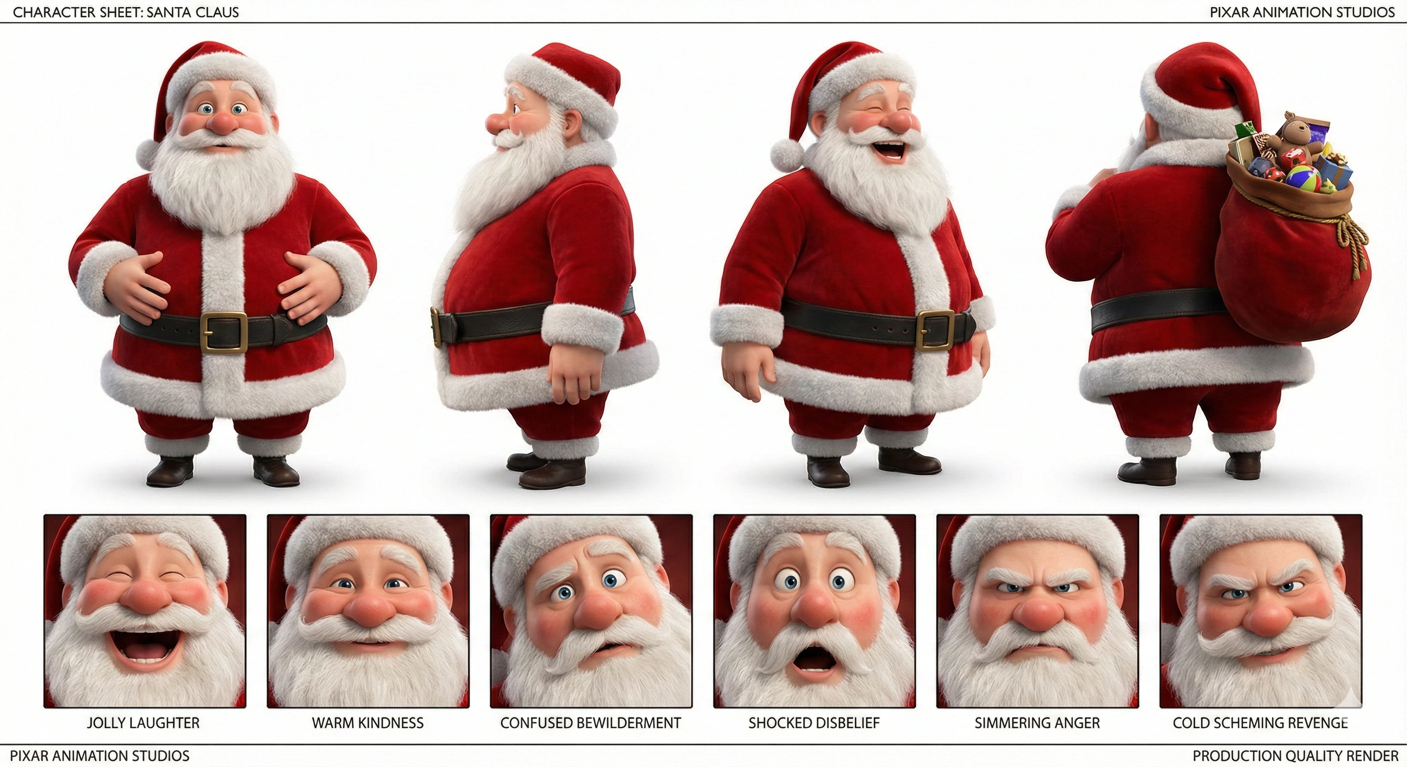 AI-generated character sheet showing Santa Claus from multiple angles with different expressions