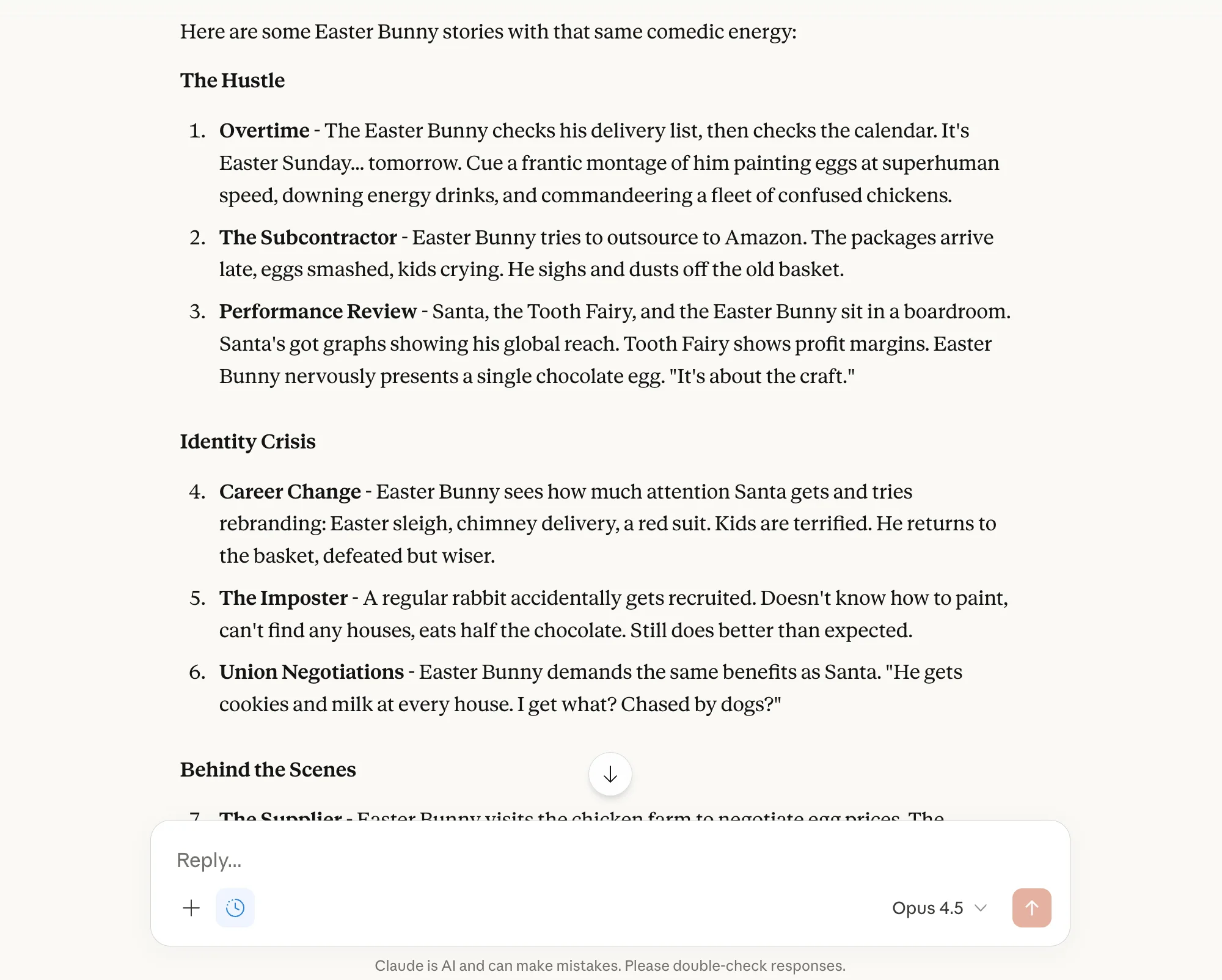 Claude AI chatbot brainstorming story ideas for an Easter Bunny animated short film