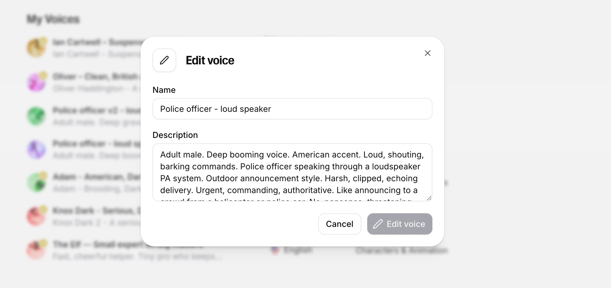 ElevenLabs voice character settings for creating an authoritative police officer voice
