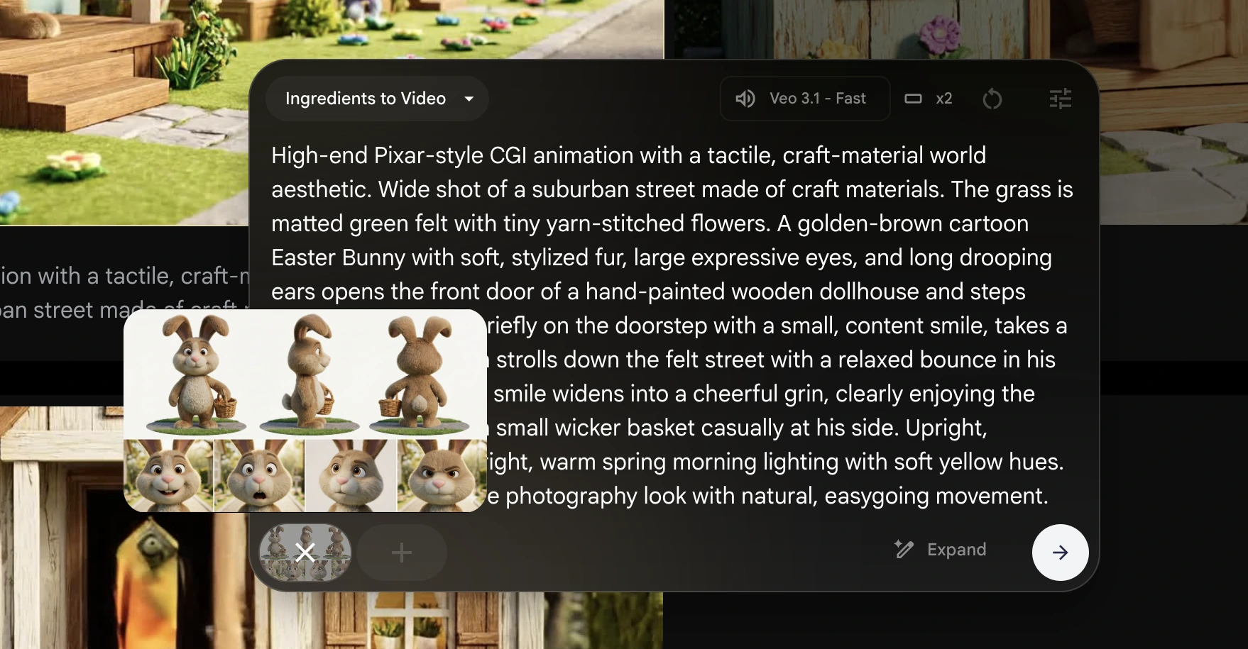 Google Flow interface showing a video prompt with the character sheet attached as an ingredient