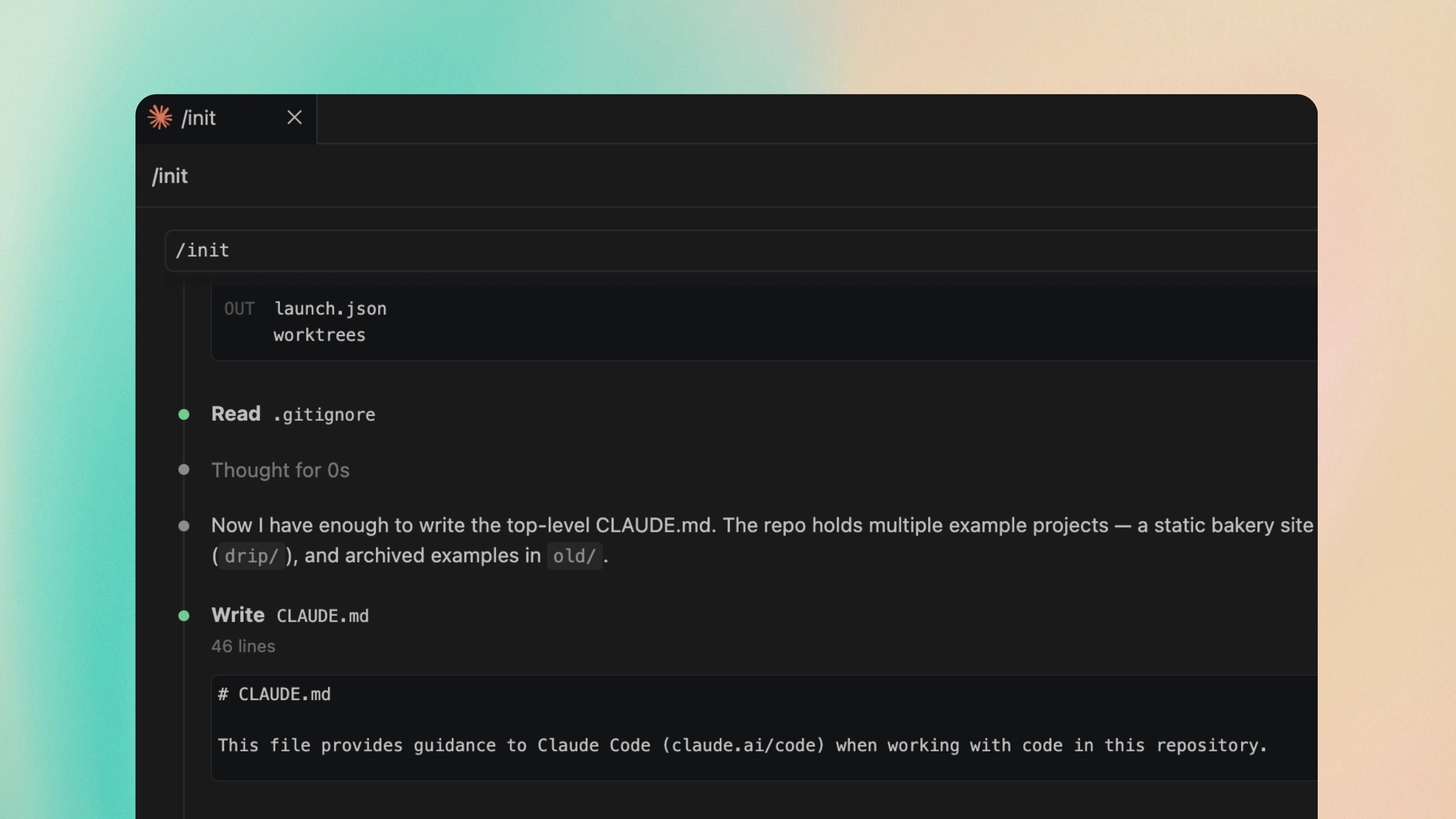 Claude Code running the /init command on the Drip project - scanning the codebase and generating a starter CLAUDE.md file