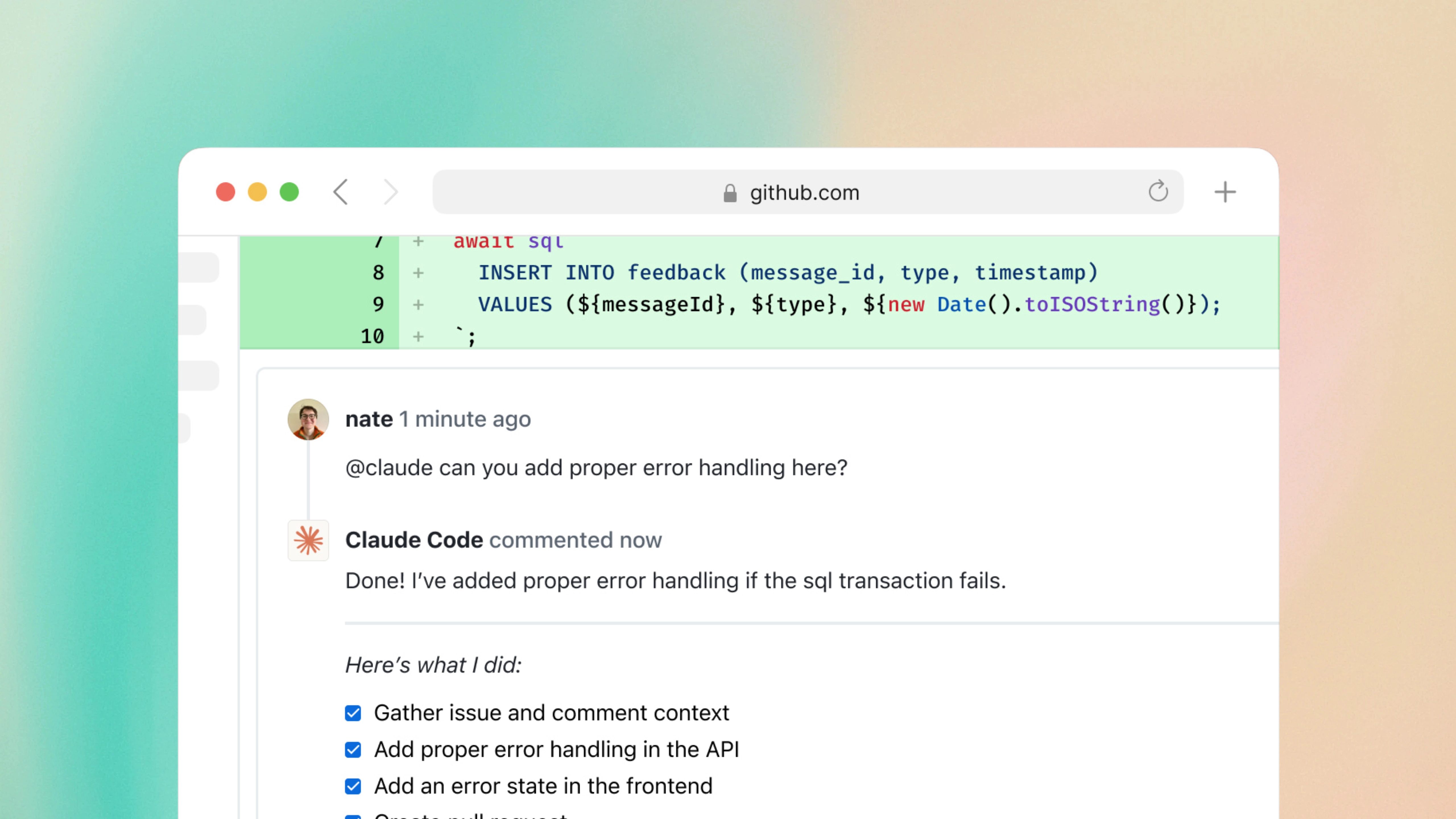 Screenshot of @Claude responding to a GitHub issue or pull request - the GitHub App posting a comment after being tagged