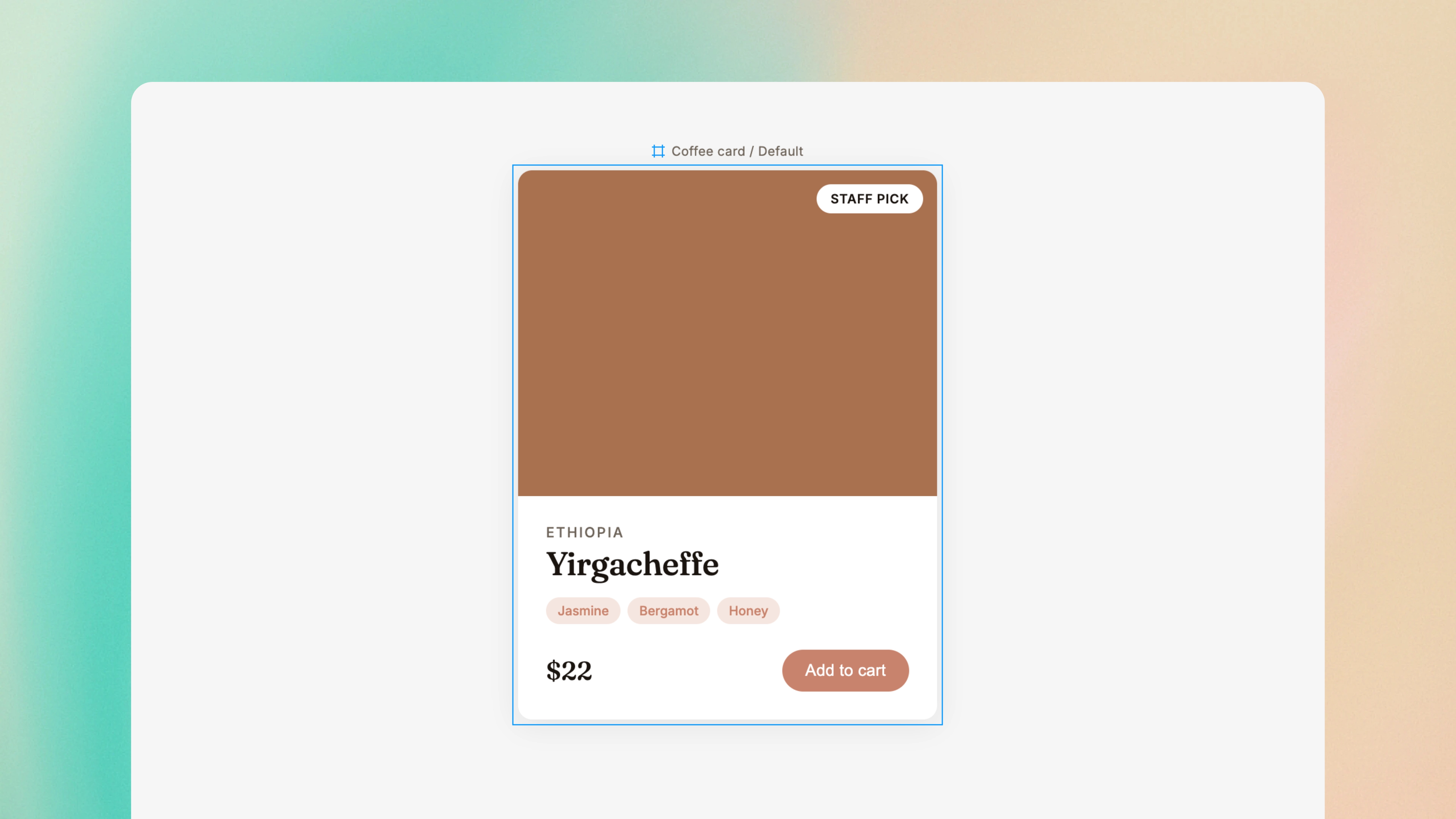 Coffee card design in a Figma frame, used as a reference when prompting Claude Code to implement the component