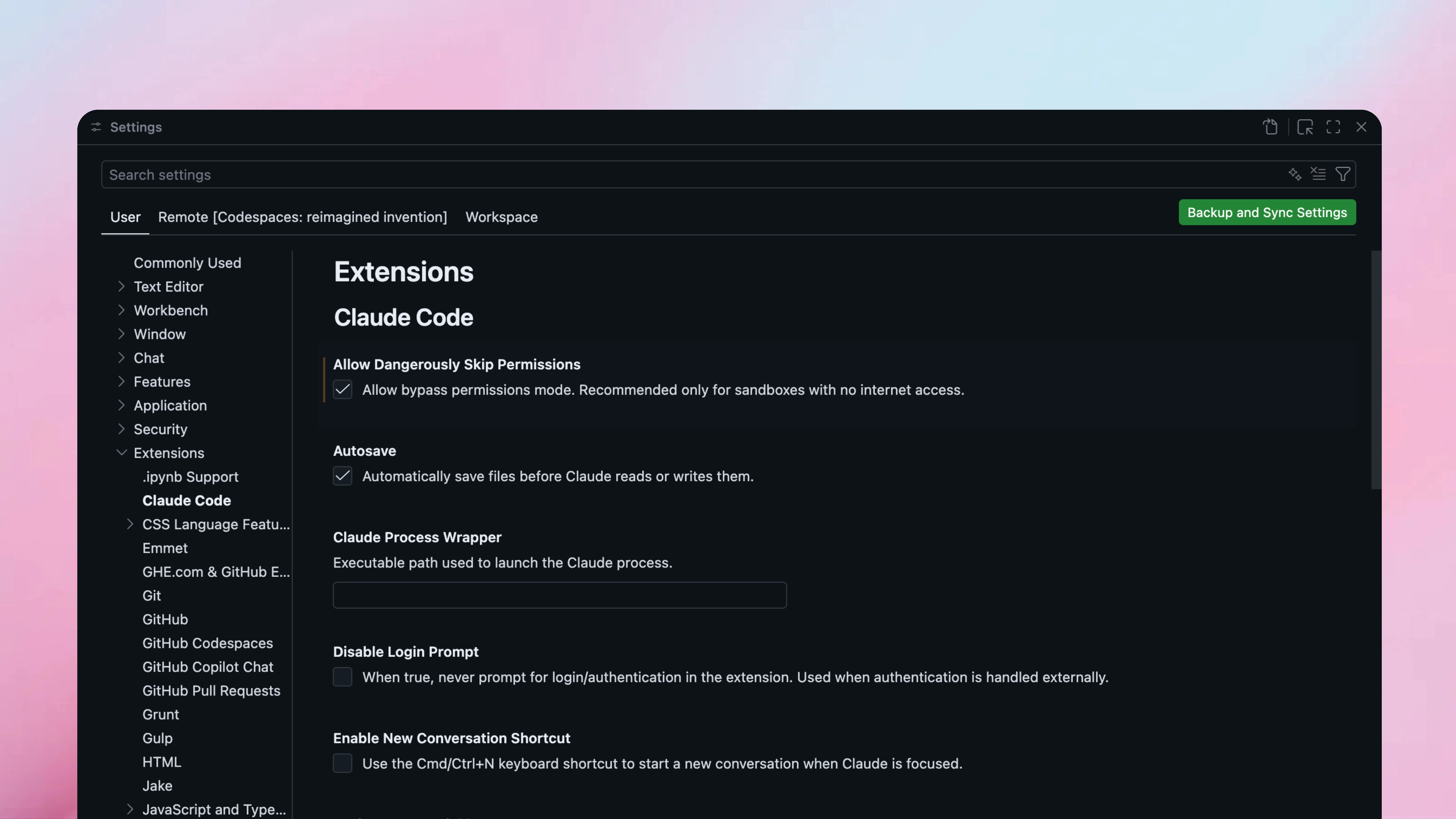 VS Code Extensions settings panel highlighting the Allow Dangerously Skip Permissions checkbox in the Claude Code section
