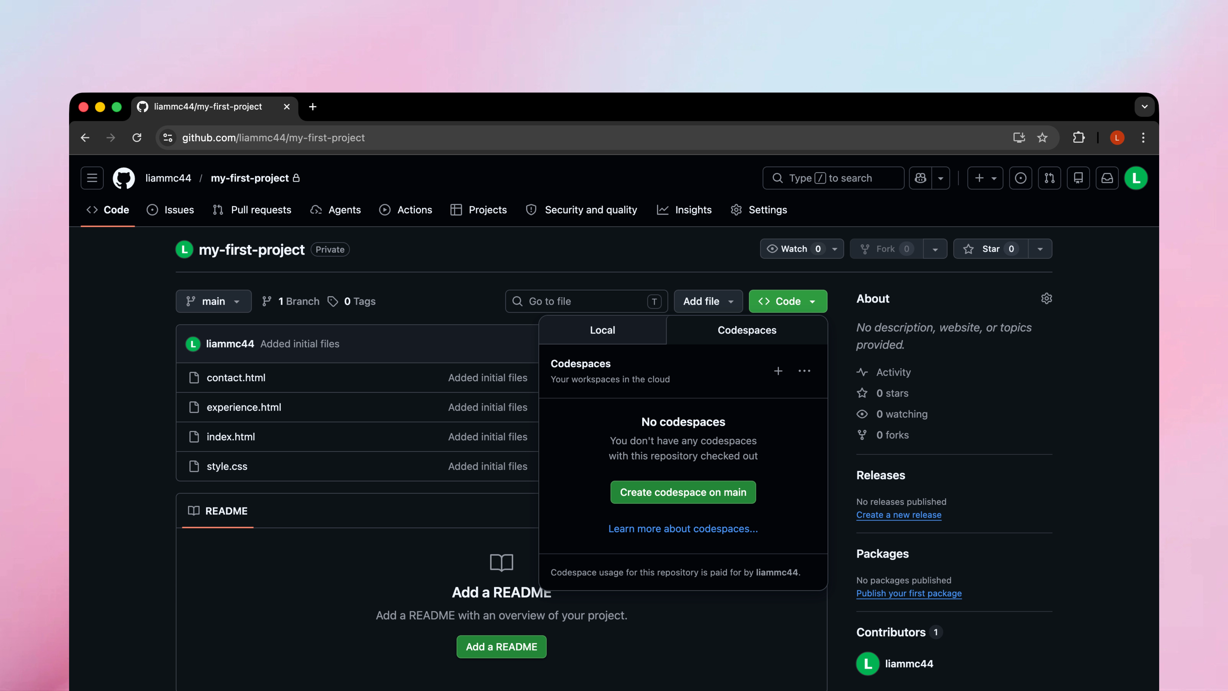 GitHub repository page with the Codespaces tab open, showing the option to create a new codespace on the main branch