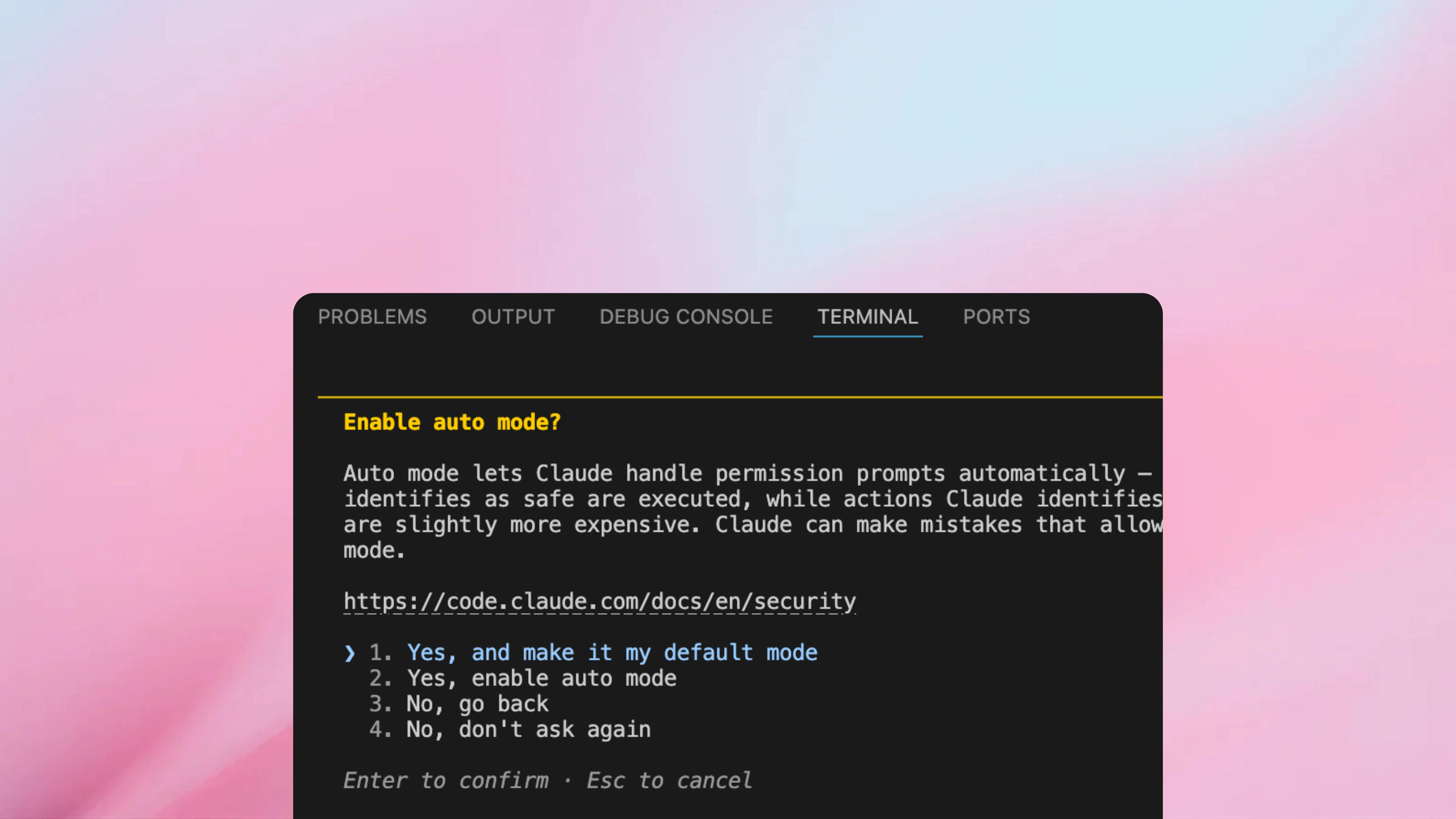 VS Code settings page showing the Claude Code extension with the Allow Dangerously Skip Permissions checkbox enabled, which makes auto mode available