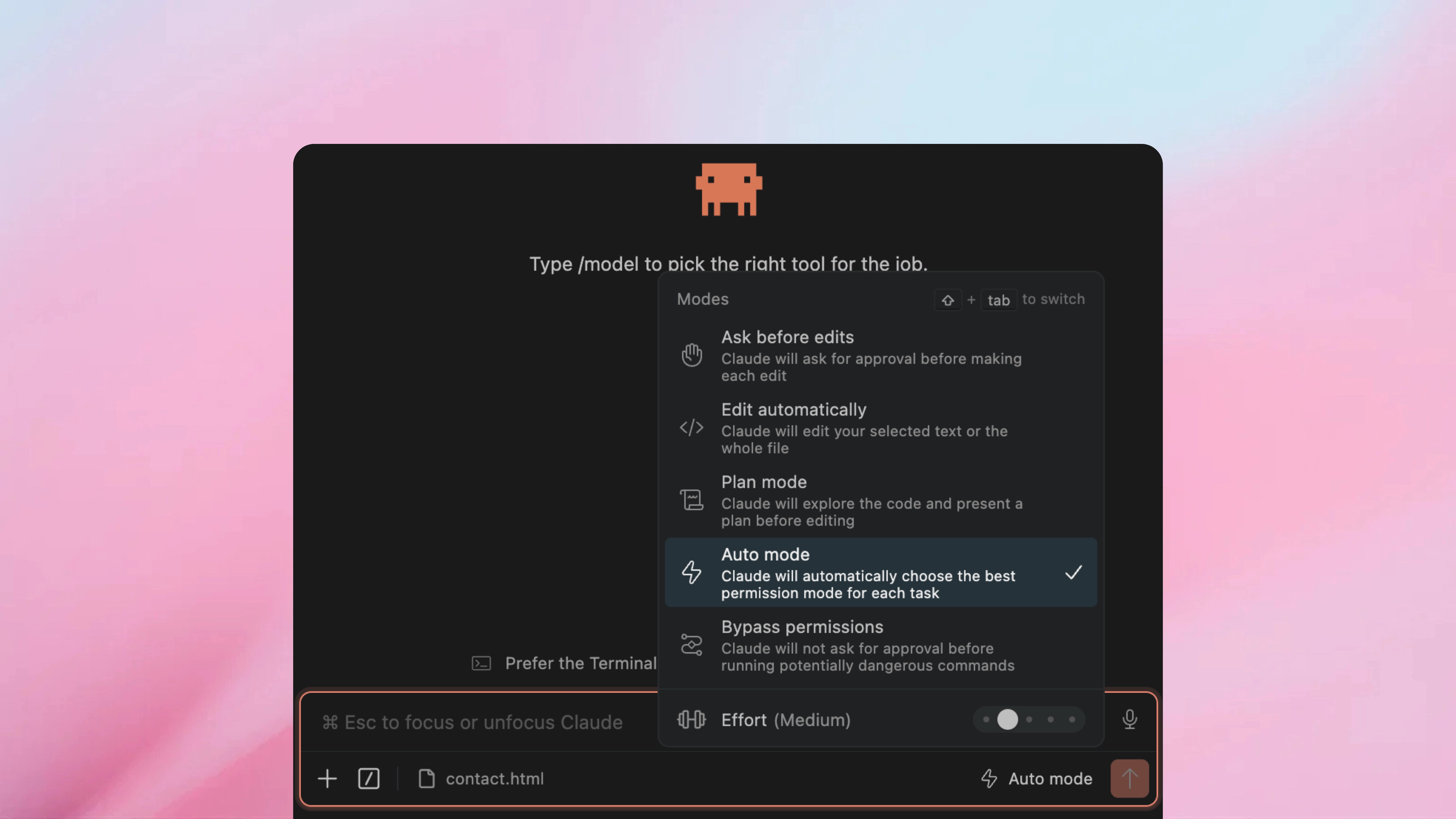 Claude Code mode selector showing Auto mode as a selectable option in the VS Code extension