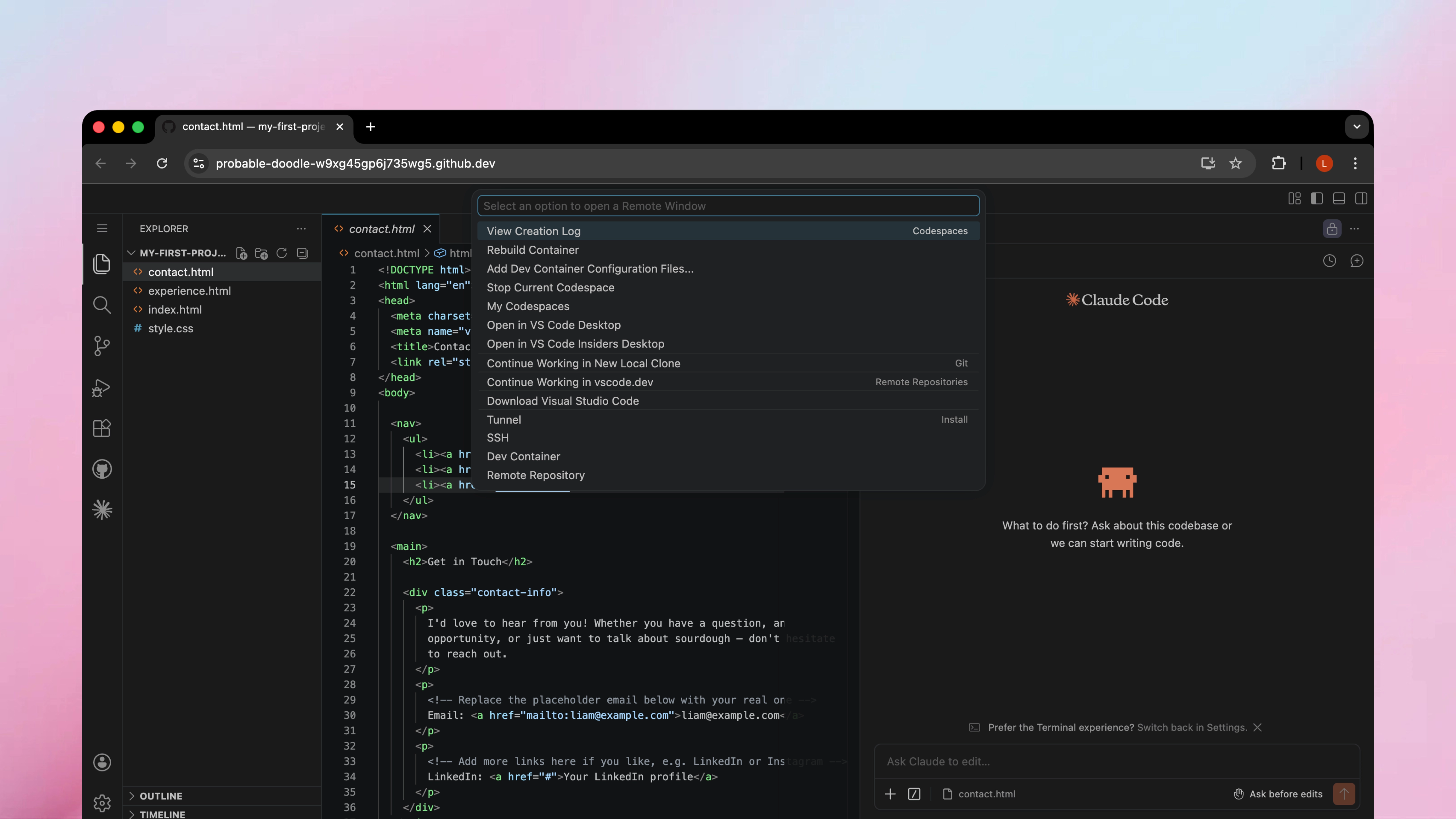 VS Code command palette showing the Stop Current Codespace option to save free usage hours