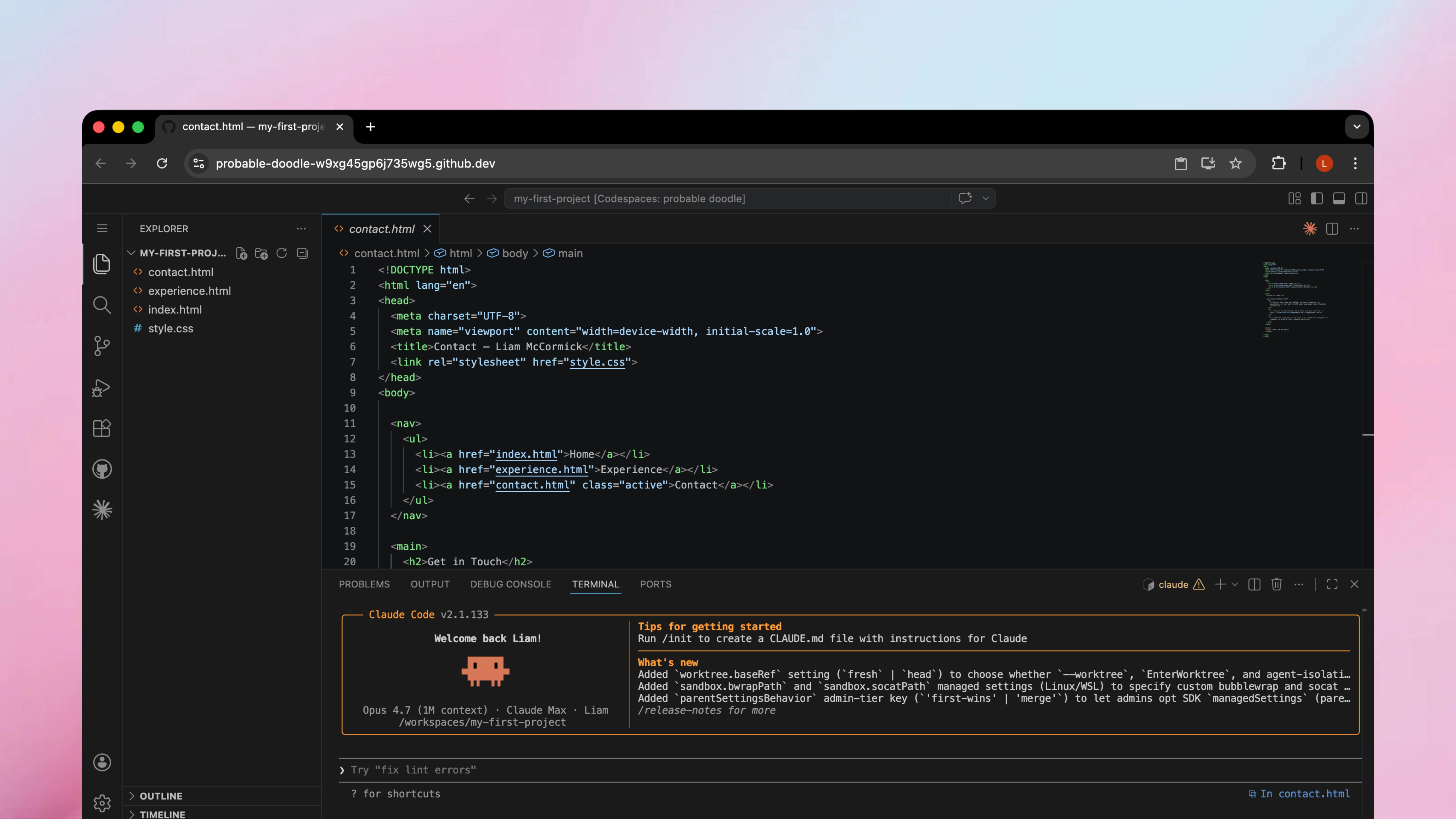 Claude Code running in the terminal inside a GitHub Codespaces environment, with the project files visible in the sidebar