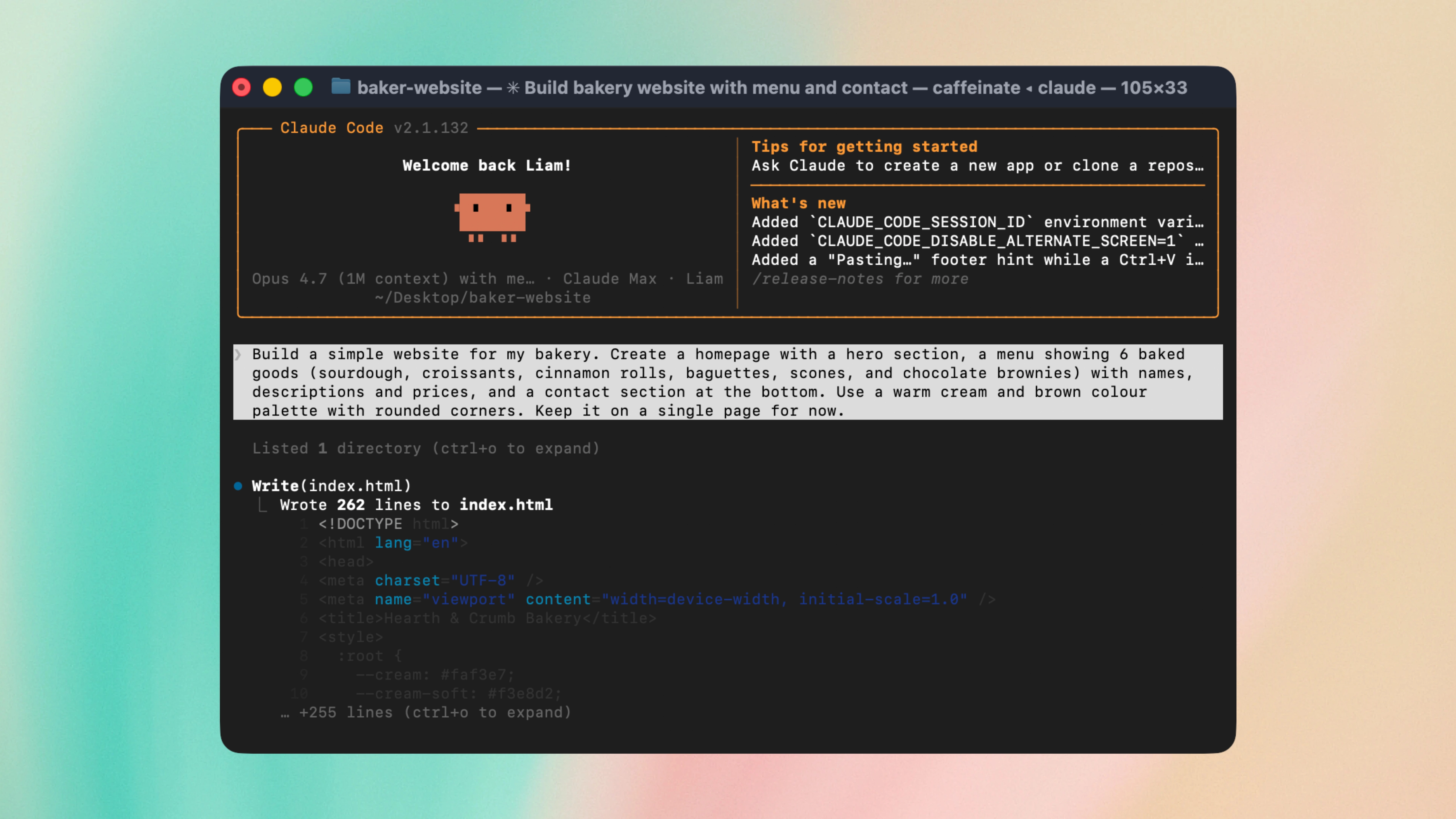 Claude Code running in the terminal mid-conversation, showing a prompt being answered with code