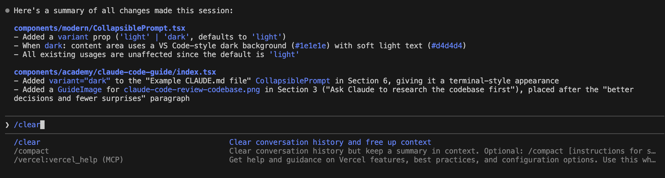 Using the /clear command in Claude Code to reset the context window between tasks