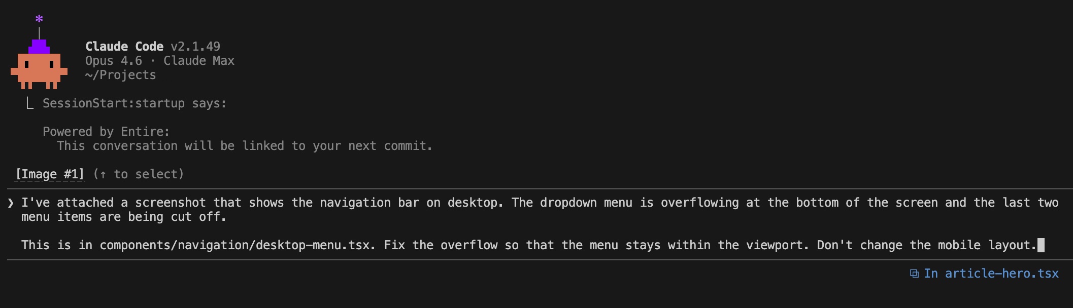 Example of pasting an image directly into the Claude Code terminal