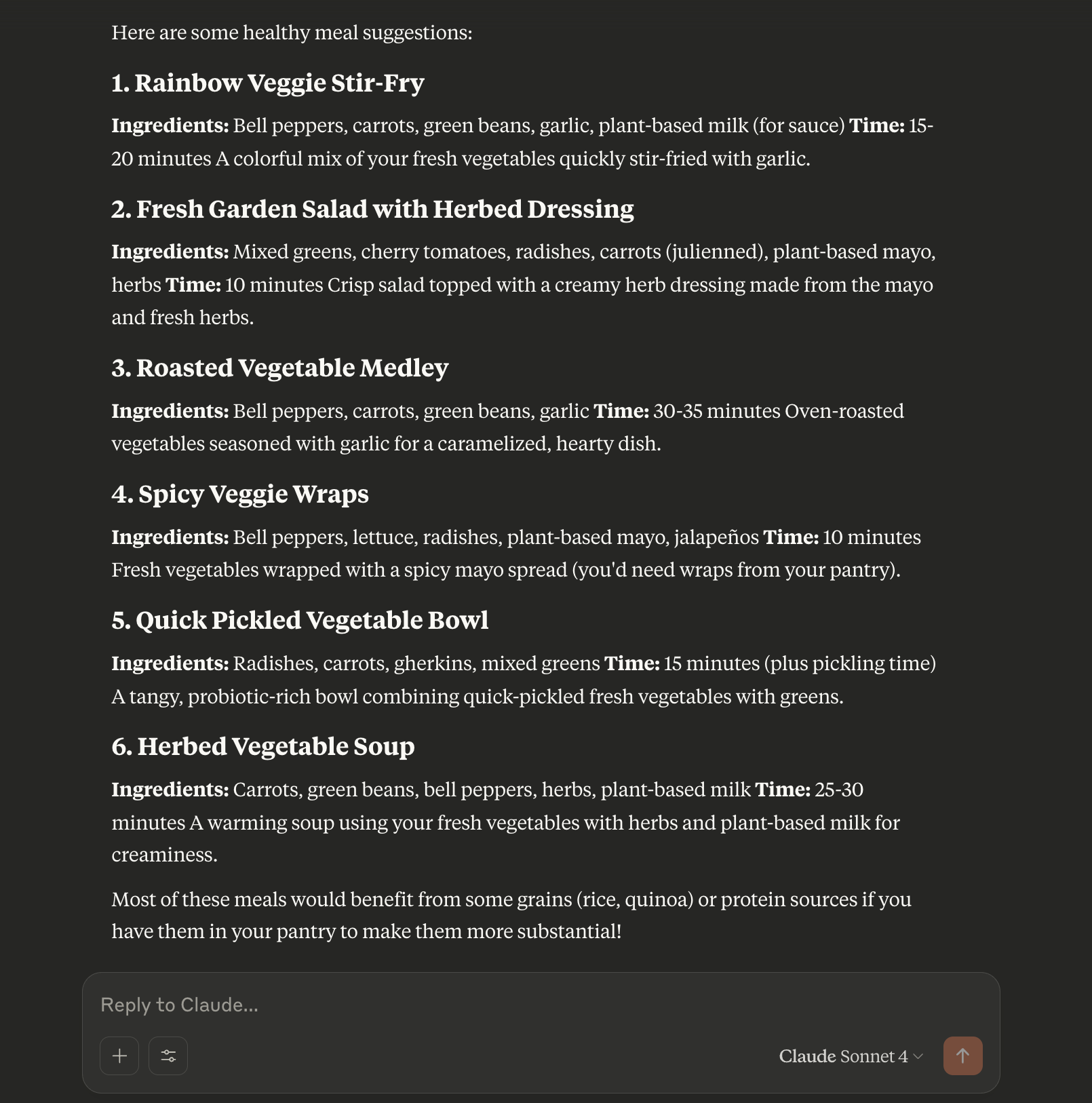 Response from Claude that suggests different meal options.