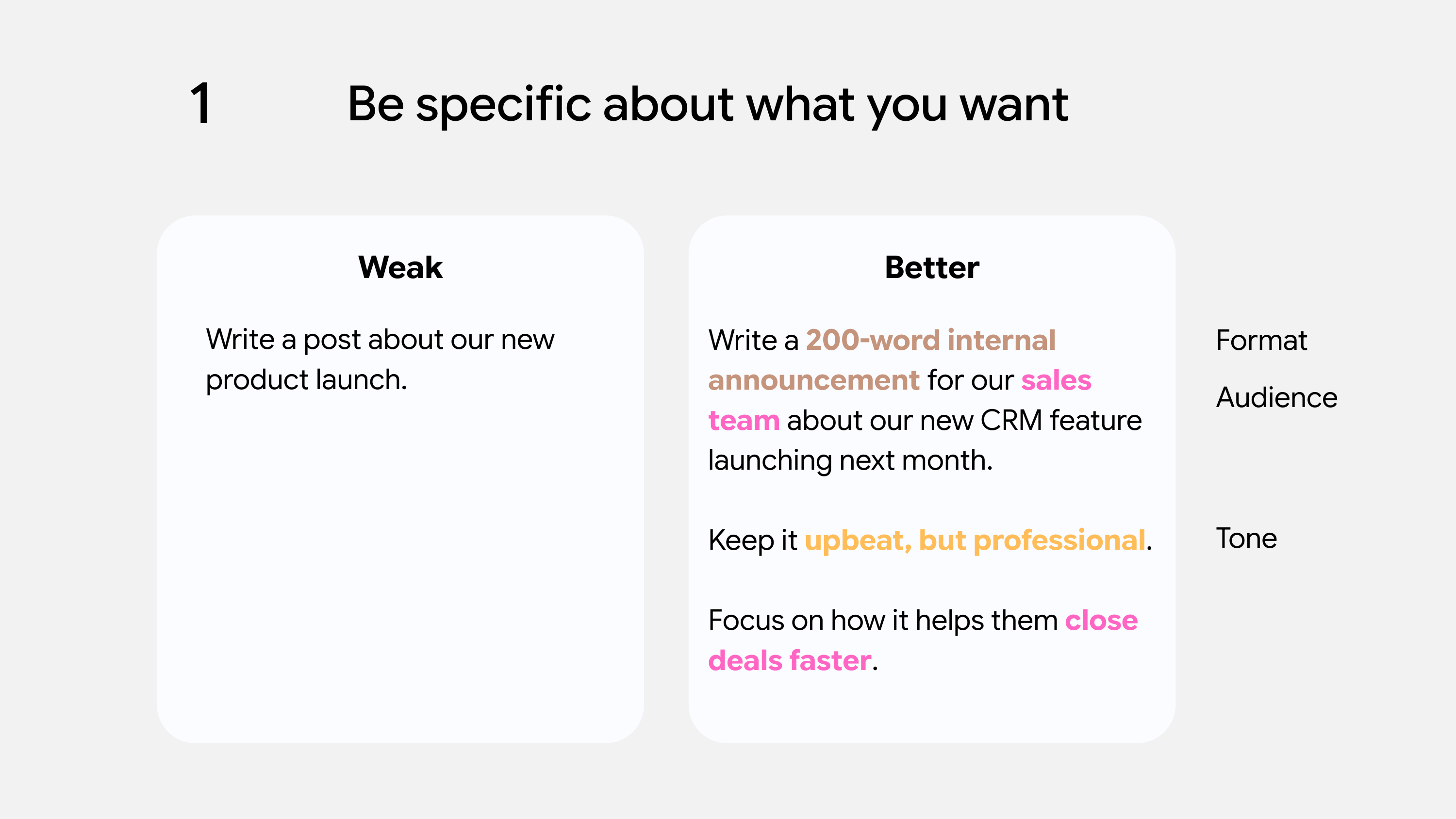 Comparison of weak vs better prompt examples