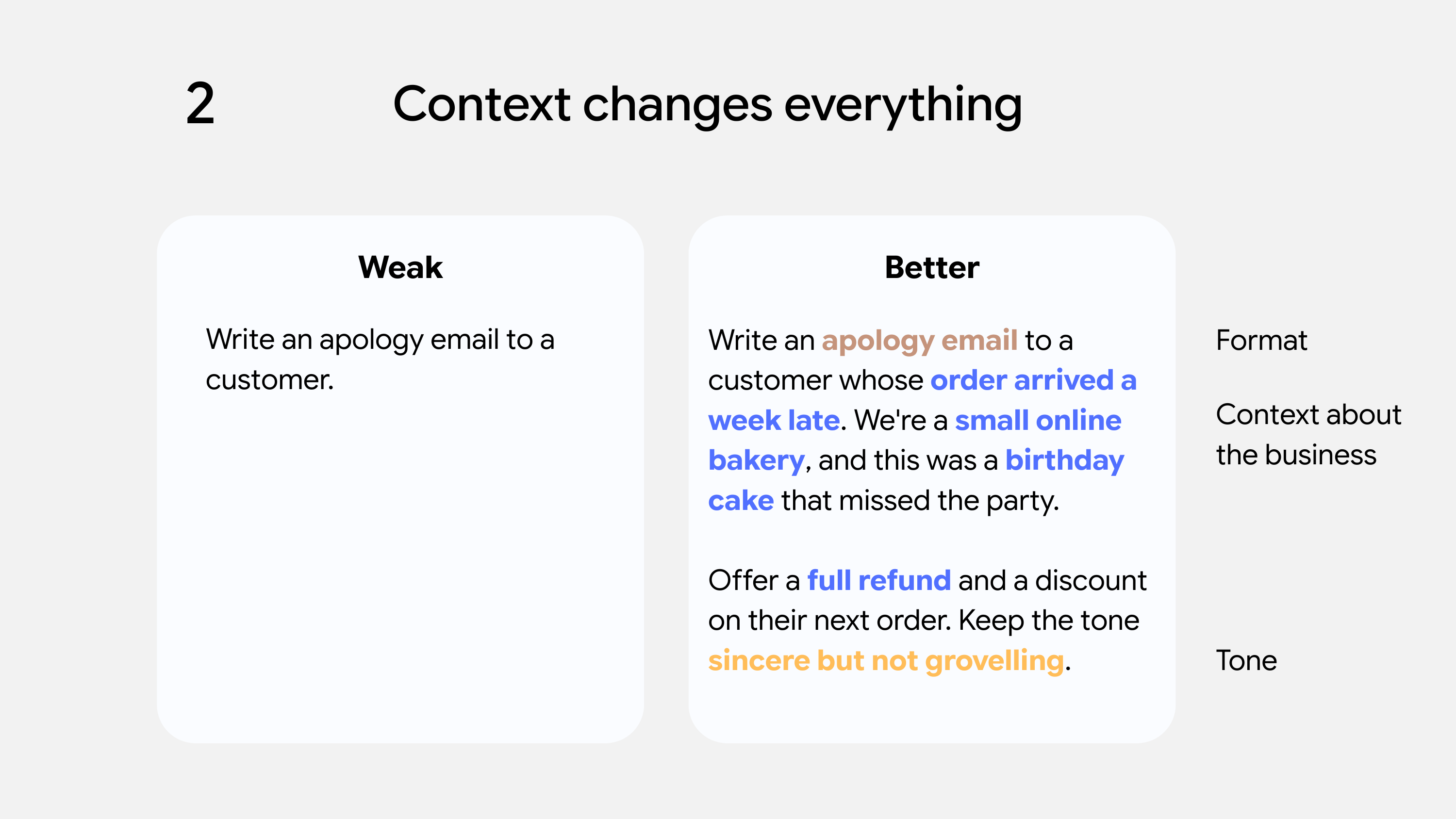 Comparison of weak vs better prompt examples