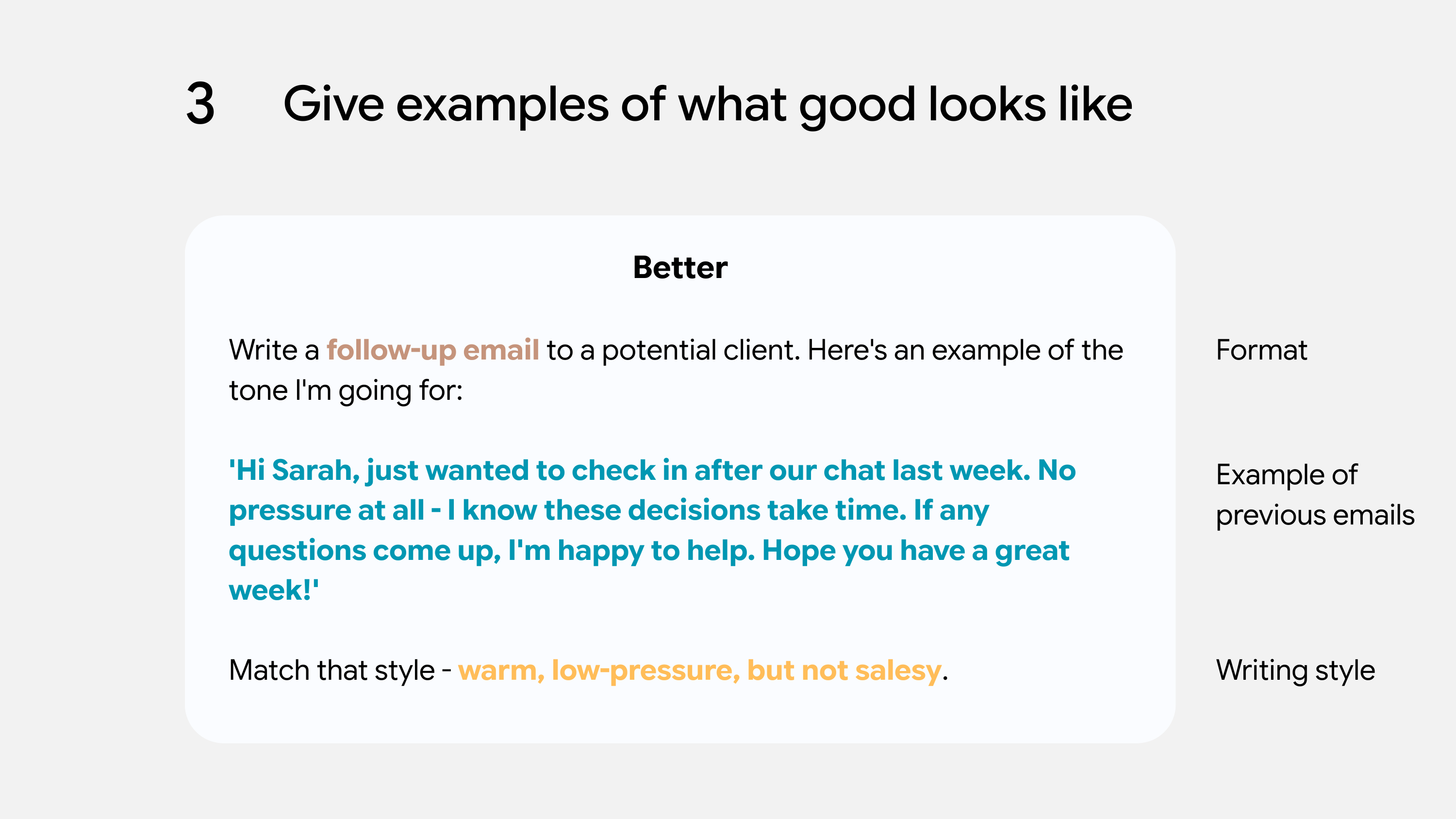 Comparison of weak vs better prompt examples