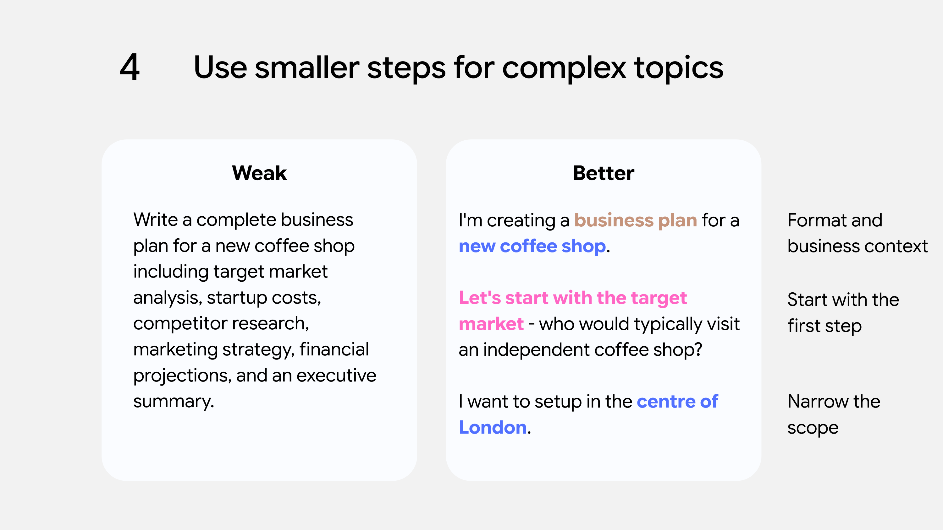 Comparison of weak vs better prompt examples